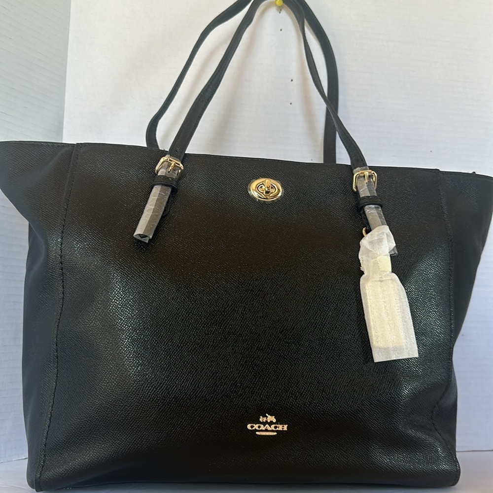 NWT Coach Turnlock Tote Black Crossgrain Leather Large Shoulder Bag Purse